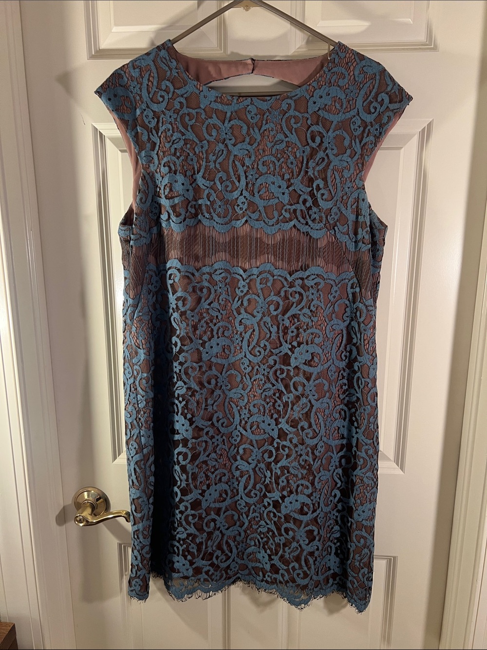 Suzi Chin Blue Lace Overlay Dress with Mauve Underlay